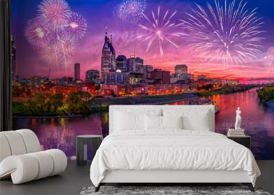 Nashville skyline with sunset and fireworks Wall mural