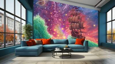 Fantasy oil painting sea landscape art with ship, sunset, space stars, planets, moon, hand drawn seascape illustration with oceanic waves and vessel by oil on canvas, dream with beautiful colors Wall mural