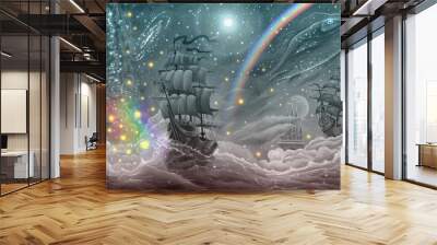 Painting sea landscape by oil on canvas with fantasy ship, stars in night sky, sunrise or sunset, sea, hand drawn seascape illustration with planets in space in gray colors. Wall mural