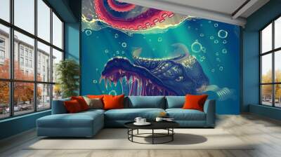 Sea landscape with red octopus tentacles closeup in water, predator under water fish, wild turtle and splashes over blue background. Summer seascape, oceanic giant monster animals. Wall mural