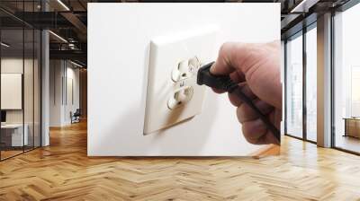 A hand putting a two prong plug into a wall socket. Wall mural