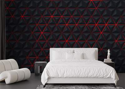 Abstract geometric triangle 3D pattern on red, black blurred background in technology style. Modern futuristic pyramid shape pattern design. Can use for cover template, poster. Vector illustration Wall mural