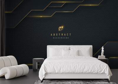 Abstract glowing gold stripes line and black horizontal geometric shape, Shiny motion dark metallic texture background. Technology and futuristic concept. Luxury and elegant style. Vector EPS10 Wall mural