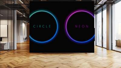 Blue, red-purple, green illuminate frame collection design. Abstract cosmic vibrant color circle backdrop. Top view futuristic style. Set of glowing neon lighting on dark background with copy space. Wall mural