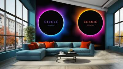 Blue, red-purple, green illuminate light frame collection design. Abstract cosmic vibrant color circle border. Top view futuristic style. Set of glowing neon lighting isolated on black background. Wall mural