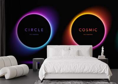 Blue, red-purple, green illuminate neon light round frame design. Abstract cosmic vibrant colorful circle border. Top view futuristic style. Set of glowing neon lighting isolated on black background. Wall mural