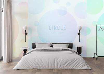 Set of polka dots pastel color pattern on white background with copy space. Blur circle round overlap layers pattern bubble design in yellow pink, blue hologram, soft green color. Vector illustration. Wall mural