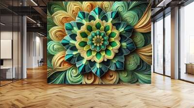 Abstract Green and Gold Floral Mandala Design Wall mural