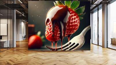 Chocolate Covered Strawberry on Fork   Delicious Dessert Wall mural