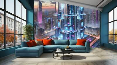 Futuristic Cityscape with Modern Architecture and Flying Cars Wall mural