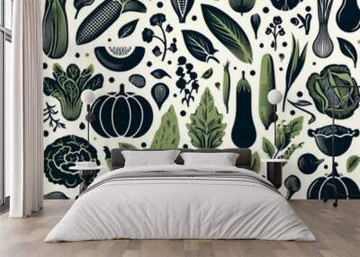 Green and Black Vegetable and Leaf Pattern Wall mural