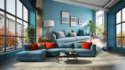 a cozy interior is well decorated with light blue walls creating a relaxing environment the soft color scheme and simple design induce a sense of comfort and relaxation suitable for decoration1 1 Wall mural