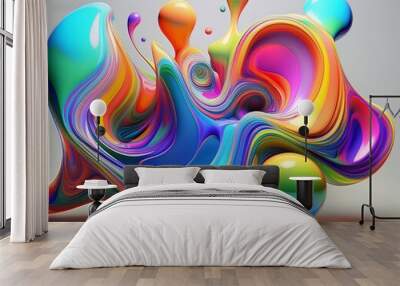 Abstract 3D shapes in bright colors with liquid-like gradients floating on a light background. Wall mural