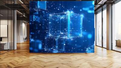 Abstract background with blue glowing cubes on a dark blue background, a digital technology and data concept Wall mural