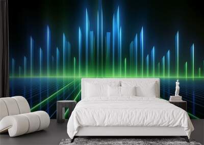 Abstract black background with green blue neon lines go up and disappear. 3d illustration Wall mural