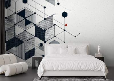 Abstract geometric boxes pattern dot line connection background. Modern technology with square mesh. Geometric on white background with lines. Cube cell.  illustration Wall mural