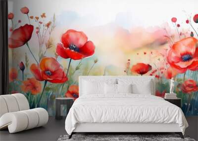 Abstract summer garden illustration watercolor art nature background red poppy blooming floral flowers flora Wall mural