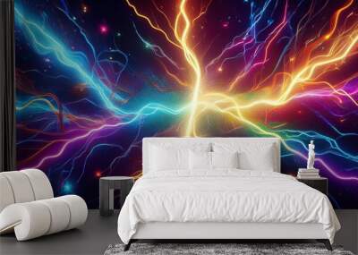 Bright and colorful electric lightning strikes between broken cables. Sparks fly from the wires, creating an abstract design. Wall mural