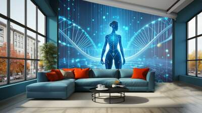 DNA gene background science helix cell genetic medical biotechnology biology bio. Technology gene DNA abstract molecule medicine blue 3D background research digital futuristic human concept health Wall mural