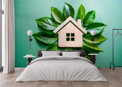 Eco-friendly homes are designed to reduce environmental impact by using renewable energy sources and sustainable materials, symbolized by a green rosette and leaves. Wall mural