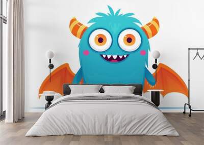 Happy Halloween! Cute blue monster stands with four eyes, fangs, and fur. Cartoon baby character looks funny and childish. Flat design. Isolated on white background.  Wall mural