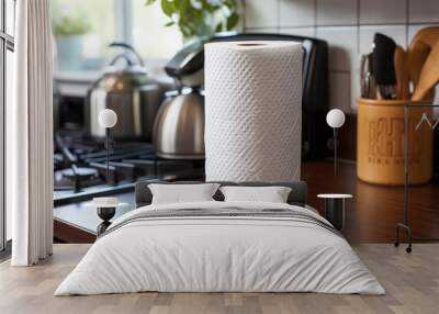 A paper towel roll rests on a wooden base in a contemporary kitchen Wall mural