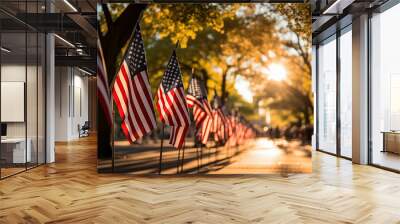 A Row of American Flags on a City Street. Memorial Day. Wall mural