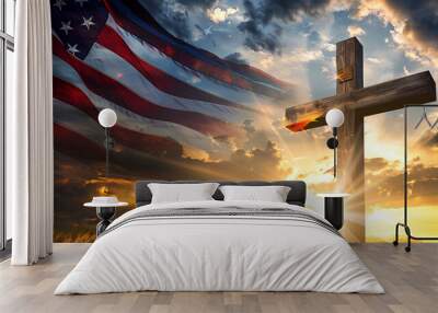 American Flag and Cross at Sunset Wall mural