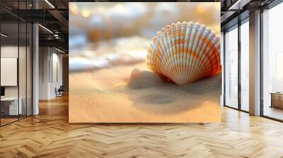 Banner with Two seashells placed on sandy beach Wall mural