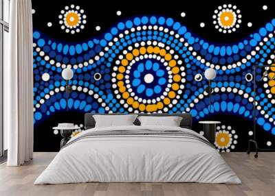 Blue and Yellow Pattern on Black Background. Australian Dot-painting aboriginal . Wall mural