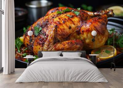 crispy and juicy roasted chicken on a plate Wall mural