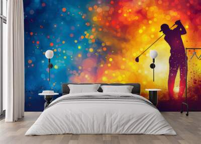 Golfer Silhouette showcasing his swing on Bright Background Wall mural