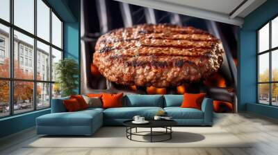 Juicy homemade burger patty, grilled to perfection on a gas grill, ready to savor. Wall mural