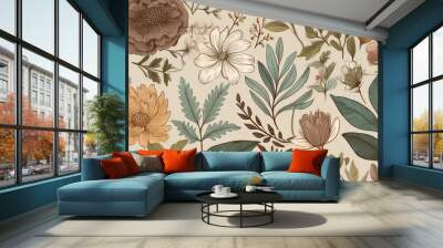 Seamless pattern background featuring a collection of vintage botanical illustrations with flowers and leaves in muted colors Wall mural