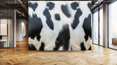 Seamless soft fluffy large mottled cow skin, dalmatian or calico cat spots camouflage pattern. Realistic black and white long pile animal print rug or fur coat fashion background texture Wall mural