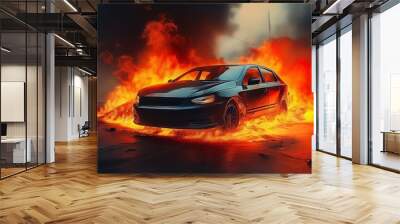 Smoke burn black red emergency car destruction flames hot heat danger fire Wall mural