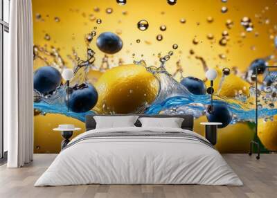 Splashing yellow background blue drop food liquid freshness fruit bright fresh water healthy nature Wall mural