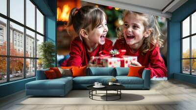 Portrait of two young children unwrapping a Christmas gift against a Christmas background. They are laughing and smiling and extremely happy and excited. Wall mural