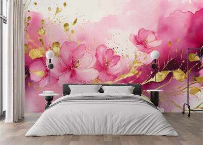 Watercolor pink with gold abstract splash romantic and creative background design. Wall mural