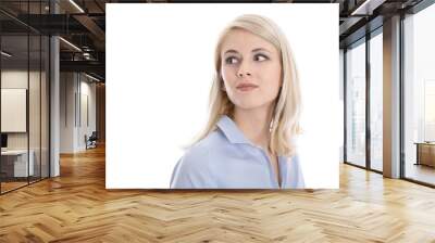 Satisfied isolated young business woman looking sideways. Wall mural