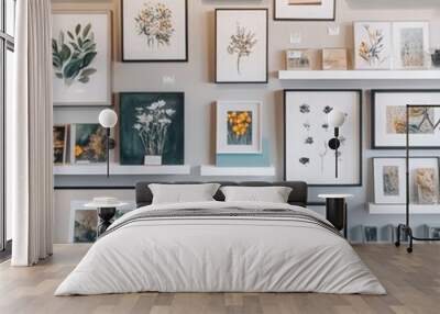 A beautifully arranged gallery wall featuring various framed artworks and floral prints, adding elegance to any space. Wall mural