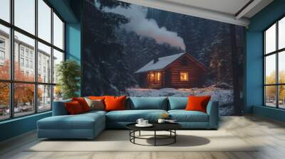 A cozy cabin in a snowy forest, with smoke rising from the chimney, illuminated by warm lights in a serene winter evening. Wall mural