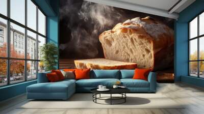 a loaf of artisanal bread with steam rising from it. Wall mural