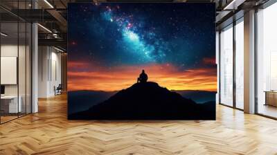 A lone figure sits atop a mountain, gazing at the breathtaking galaxy and starry night sky, promoting introspection and wonder. Wall mural