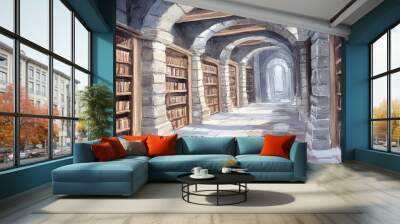 A mystical library corridor lined with ancient bookshelves and stone arches, perfect for evoking a sense of wonder and knowledge. Wall mural