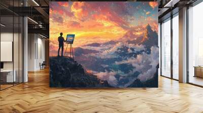 A painter captures a stunning sunset landscape on a canvas, surrounded by mountains and dramatic clouds, evoking creativity and inspiration. Wall mural