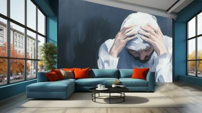 A person expresses deep emotion, with hands on their head, showcasing distress in an abstract style. Wall mural