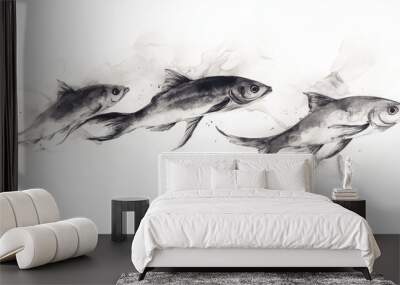 A serene monochromatic illustration of fish swimming gracefully. Perfect for aquatic themes and artistic designs. Wall mural