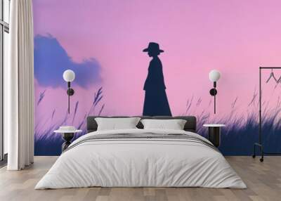 A solitary figure stands against a vibrant twilight sky, surrounded by tall grass, evoking a sense of tranquility and reflection. Wall mural