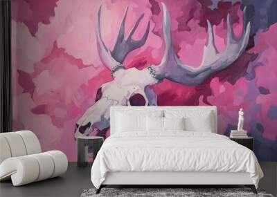 A striking artistic representation of a deer skull with antlers against a vibrant pink background, blending nature and abstract art. Wall mural